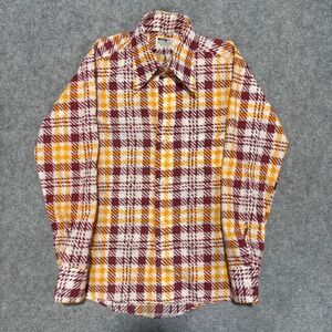 Vintage Montgomery Ward Men Plaid Houndstooth Shirt Maroon Yellow Long Sleeve 14
